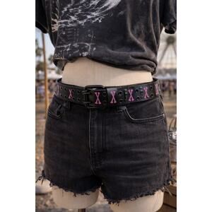 Black Grommet Belt w/ Pink Crossbones L Punk Goth Y2K Grunge Belt Emo (Unisex)